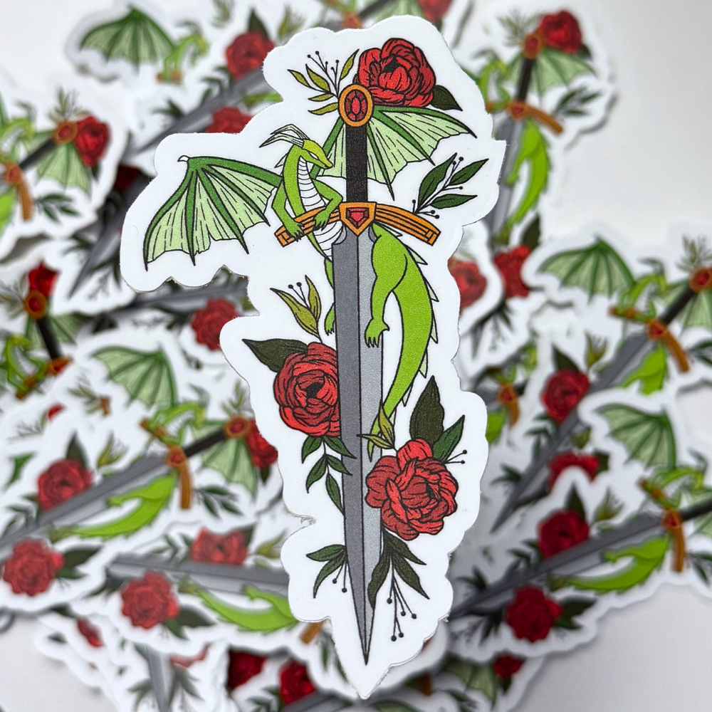 Dragon Sword Floral Sticker | Waterproof Vinyl Sticker