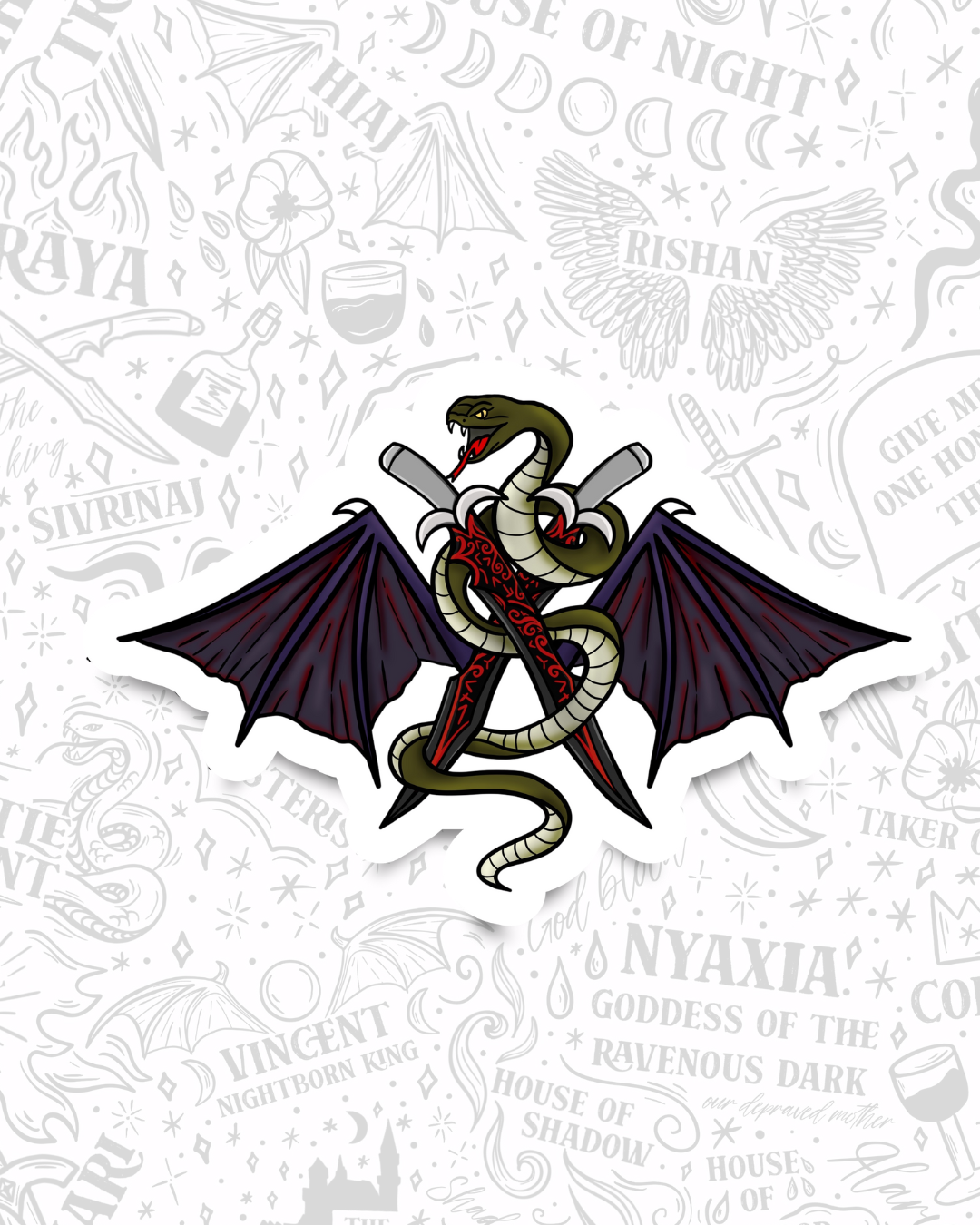 Oraya’s Dual Blades, Serpent, + Hiaj Wings | Officially Licensed Crowns of Nyaxia Sticker | Oraya Nightborn