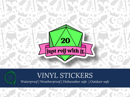 Nat 20 D20 Sticker: "Just Roll With It" TTRPG Vinyl Decal
